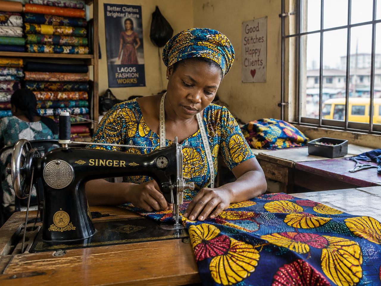 A tailor at her sewing machine in a colourful Lagos workshop